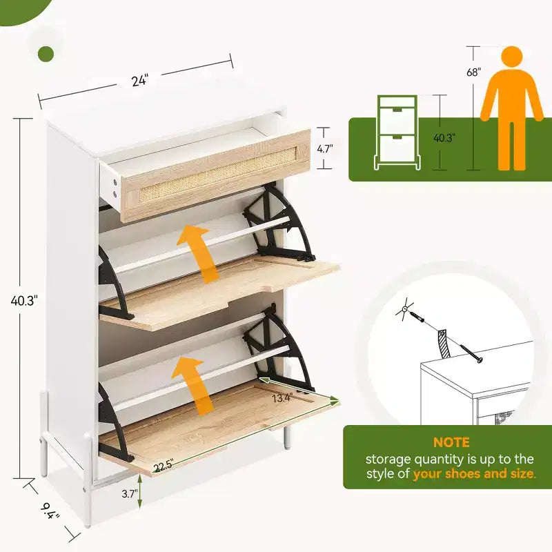 Meuble à chaussures de rangement avec 2 tiroirs à abattant et 1 tiroir, organiseur à chaussures en rotin autoportant avec étagères réglables à 3 niveaux pour pantoufles, baskets, talons
