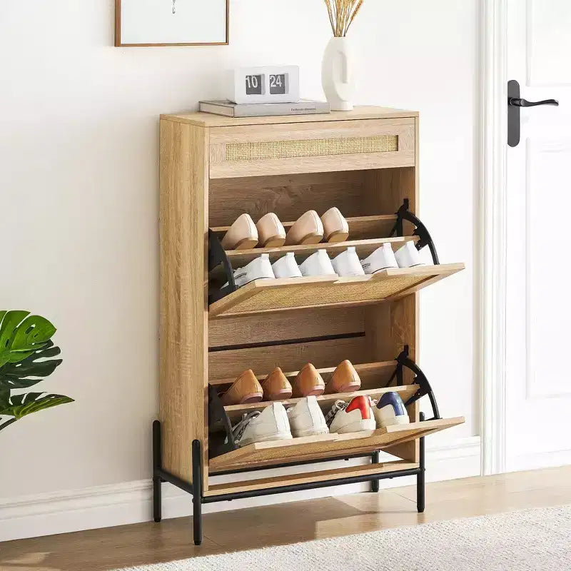 Meuble à chaussures de rangement avec 2 tiroirs à abattant et 1 tiroir, organiseur à chaussures en rotin autoportant avec étagères réglables à 3 niveaux pour pantoufles, baskets, talons