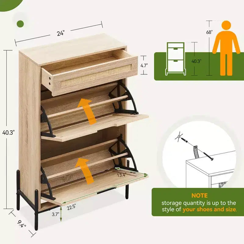 Meuble à chaussures de rangement avec 2 tiroirs à abattant et 1 tiroir, organiseur à chaussures en rotin autoportant avec étagères réglables à 3 niveaux pour pantoufles, baskets, talons