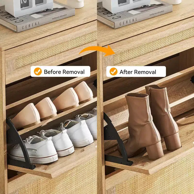 Meuble à chaussures de rangement avec 2 tiroirs à abattant et 1 tiroir, organiseur à chaussures en rotin autoportant avec étagères réglables à 3 niveaux pour pantoufles, baskets, talons