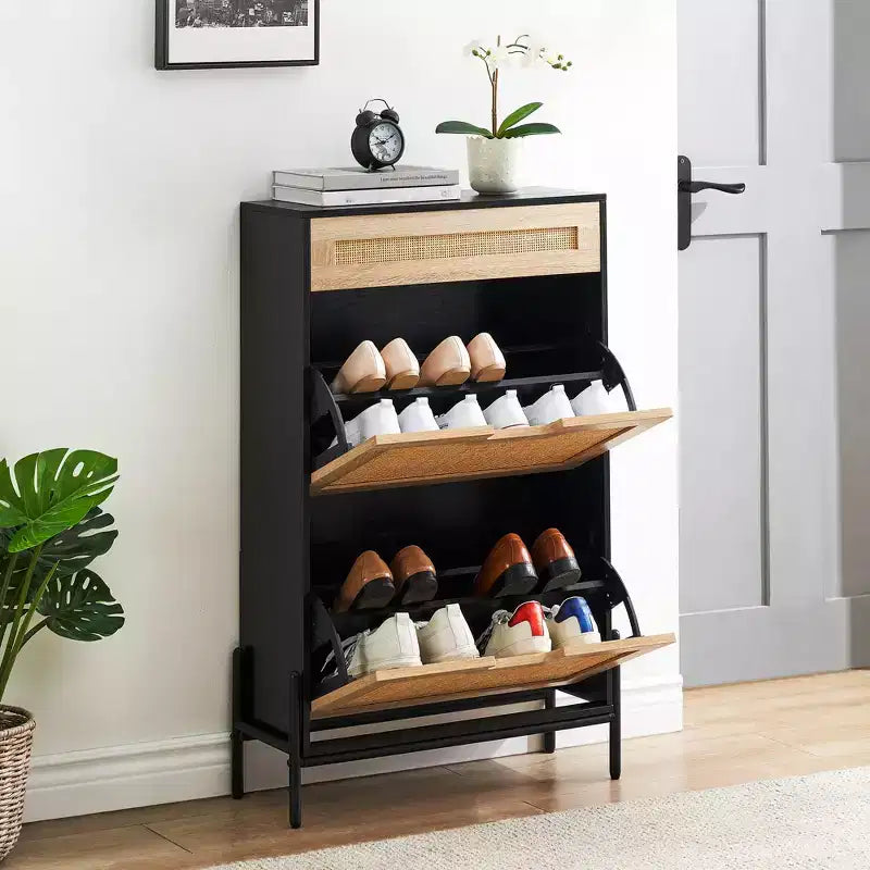 Meuble à chaussures de rangement avec 2 tiroirs à abattant et 1 tiroir, organiseur à chaussures en rotin autoportant avec étagères réglables à 3 niveaux pour pantoufles, baskets, talons