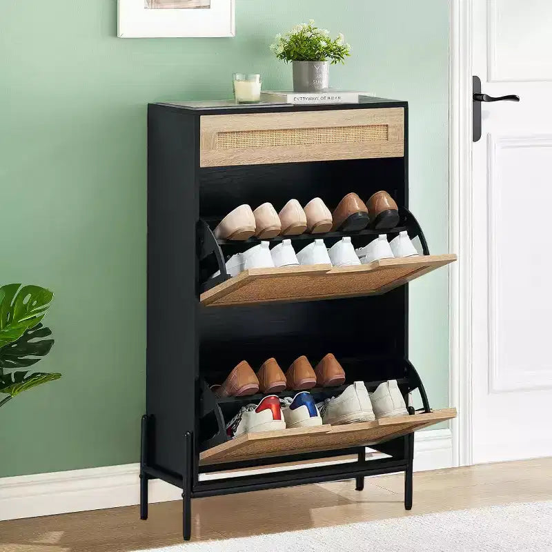 Meuble à chaussures de rangement avec 2 tiroirs à abattant et 1 tiroir, organiseur à chaussures en rotin autoportant avec étagères réglables à 3 niveaux pour pantoufles, baskets, talons