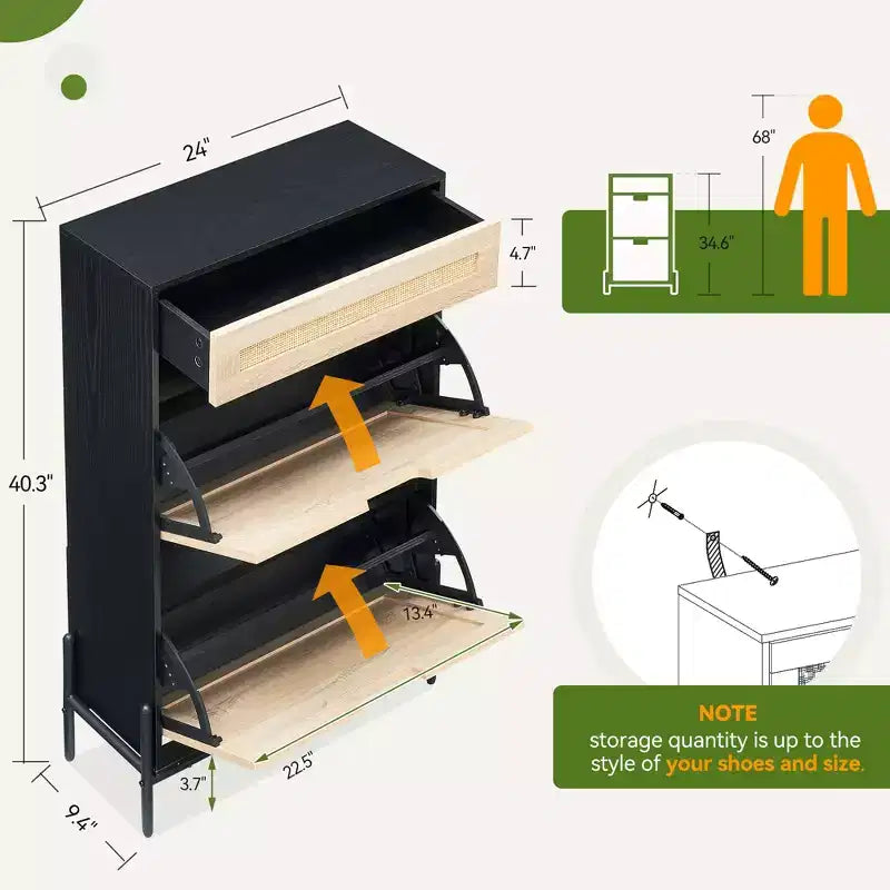 Meuble à chaussures de rangement avec 2 tiroirs à abattant et 1 tiroir, organiseur à chaussures en rotin autoportant avec étagères réglables à 3 niveaux pour pantoufles, baskets, talons