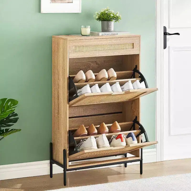 Meuble à chaussures de rangement avec 2 tiroirs à abattant et 1 tiroir, organiseur à chaussures en rotin autoportant avec étagères réglables à 3 niveaux pour pantoufles, baskets, talons