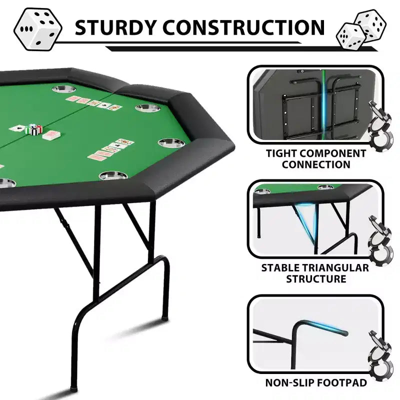 Table de poker octogonale avec 8 porte-gobelets, table de loisirs de casino pour 8 joueurs, table de jeu de blackjack avec rail rembourré résistant à l'eau