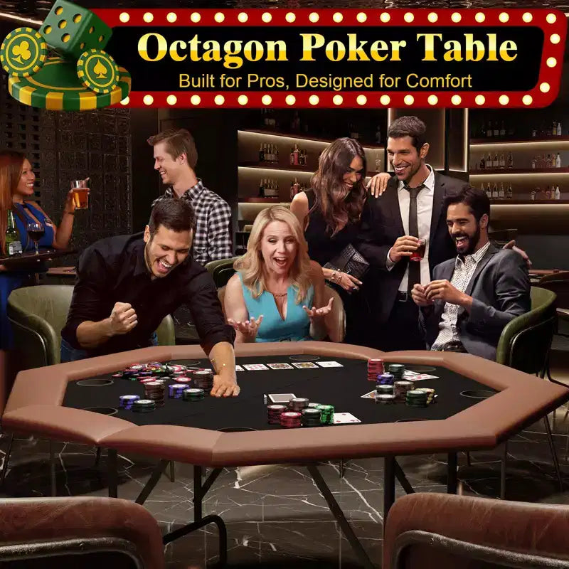 Table de poker octogonale avec 8 porte-gobelets, table de loisirs de casino pour 8 joueurs, table de jeu de blackjack avec rail rembourré résistant à l'eau