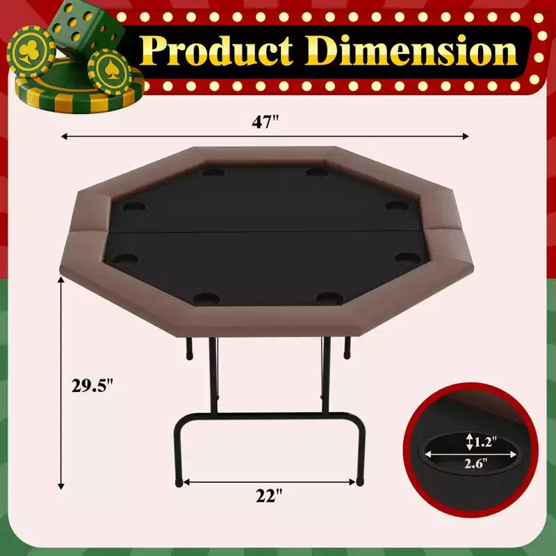 Table de poker octogonale avec 8 porte-gobelets, table de loisirs de casino pour 8 joueurs, table de jeu de blackjack avec rail rembourré résistant à l'eau
