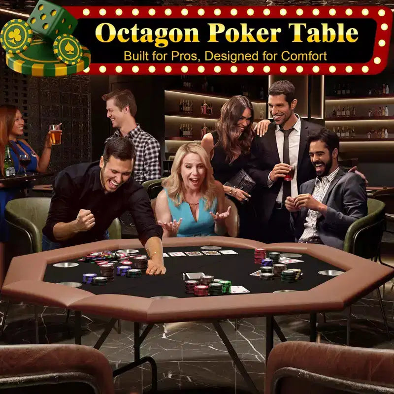 Table de poker octogonale avec 8 porte-gobelets, table de loisirs de casino pour 8 joueurs, table de jeu de blackjack avec rail rembourré résistant à l'eau