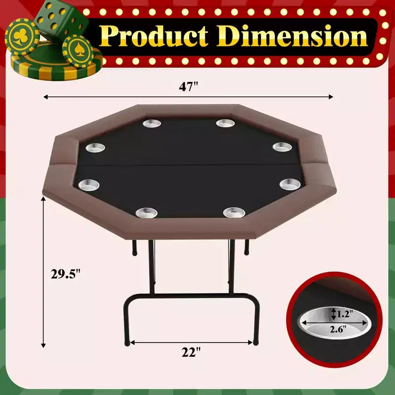 Table de poker octogonale avec 8 porte-gobelets, table de loisirs de casino pour 8 joueurs, table de jeu de blackjack avec rail rembourré résistant à l'eau