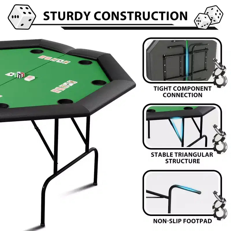 Table de poker octogonale avec 8 porte-gobelets, table de loisirs de casino pour 8 joueurs, table de jeu de blackjack avec rail rembourré résistant à l'eau