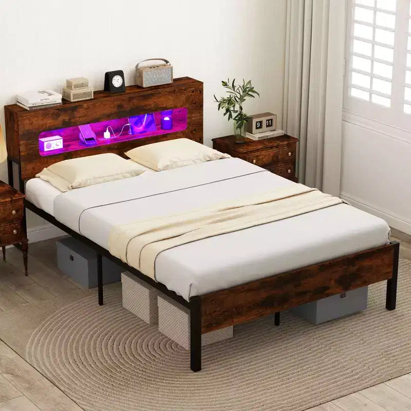 Cadre de lit complet avec lumières LED, tête de lit de rangement, prises de courant et support métallique robuste