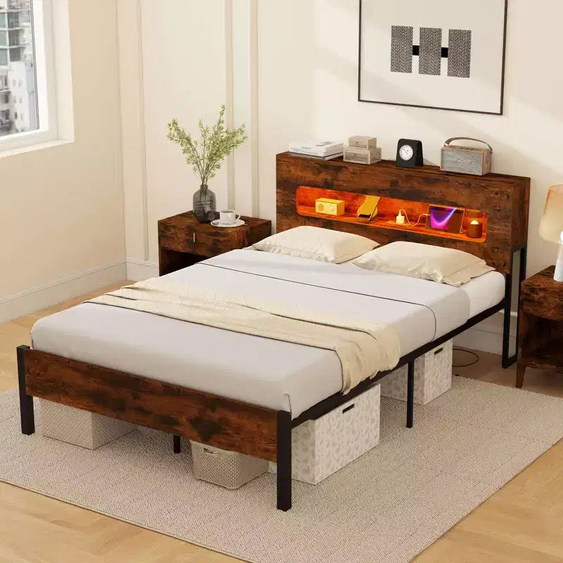 Cadre de lit complet avec lumières LED, tête de lit de rangement, prises de courant et support métallique robuste