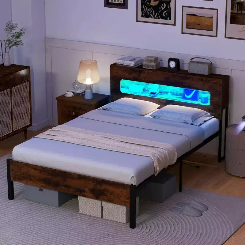 Cadre de lit complet avec lumières LED, tête de lit de rangement, prises de courant et support métallique robuste