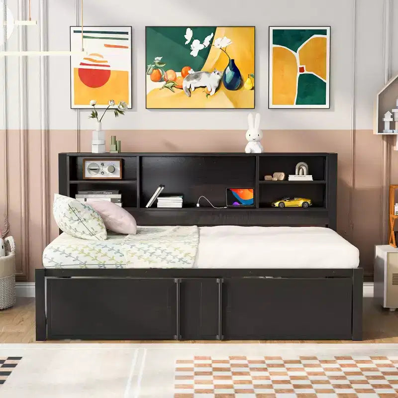 Lit de repos en métal une place avec tête de lit bibliothèque, lit de repos avec lit gigogne et ports USB, lit de repos capitaine une place avec étagères de rangement