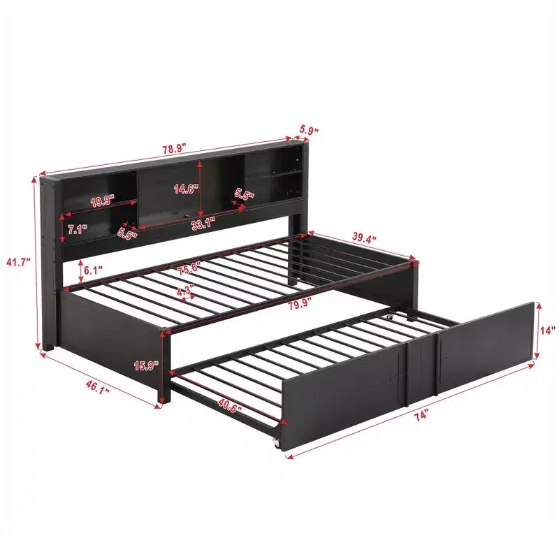 Lit de repos en métal une place avec tête de lit bibliothèque, lit de repos avec lit gigogne et ports USB, lit de repos capitaine une place avec étagères de rangement