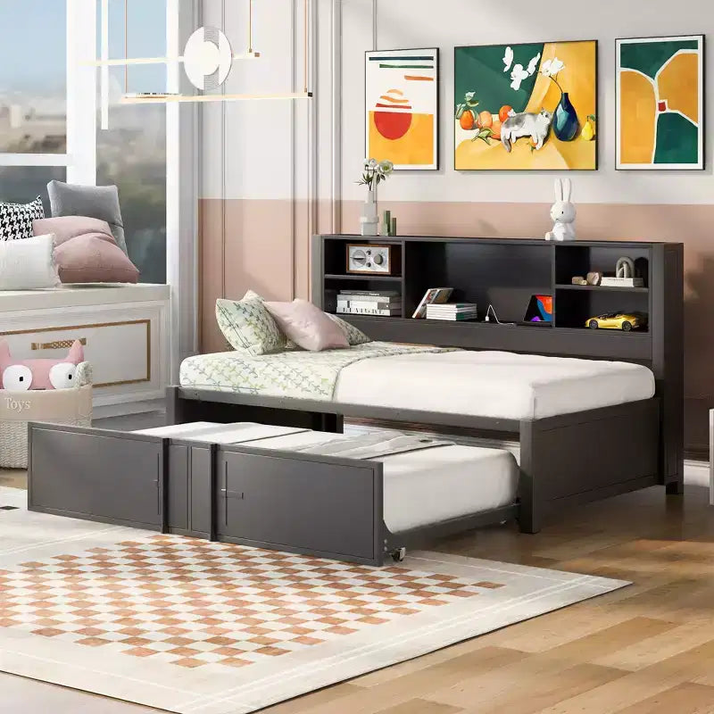 Lit de repos en métal une place avec tête de lit bibliothèque, lit de repos avec lit gigogne et ports USB, lit de repos capitaine une place avec étagères de rangement
