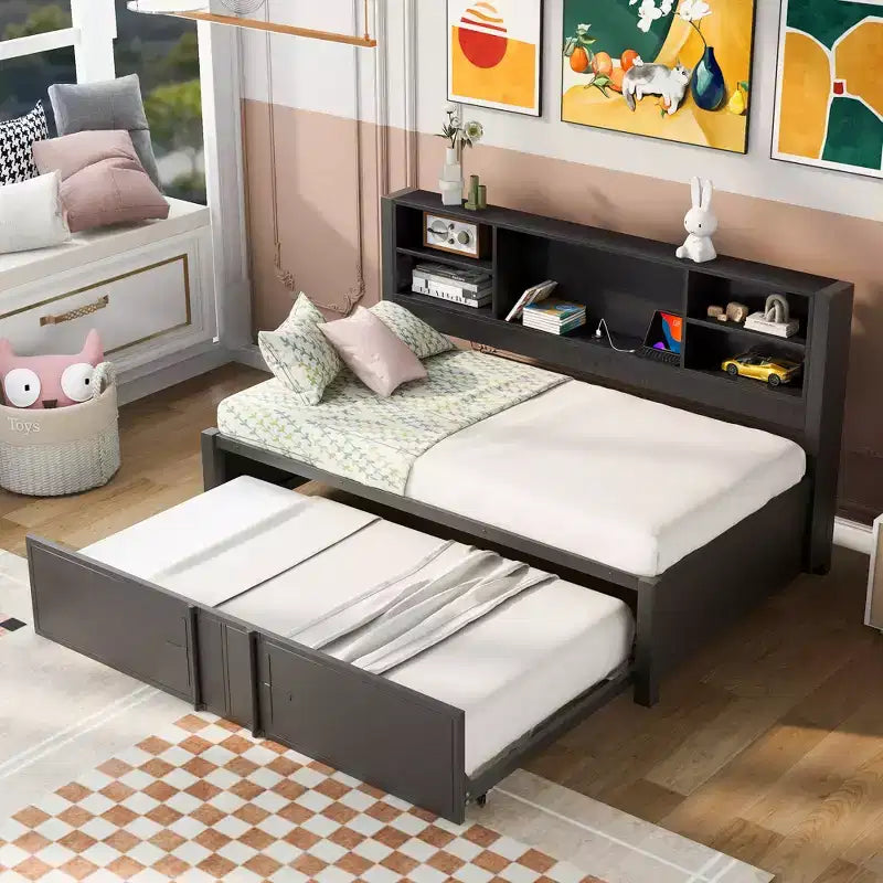 Lit de repos en métal une place avec tête de lit bibliothèque, lit de repos avec lit gigogne et ports USB, lit de repos capitaine une place avec étagères de rangement