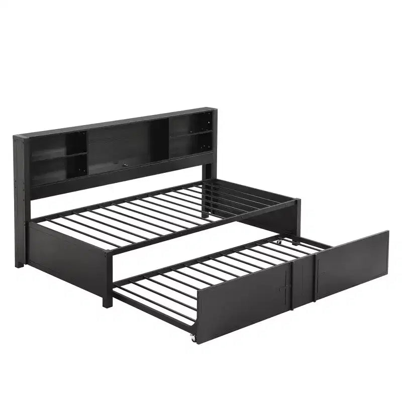 Lit de repos en métal une place avec tête de lit bibliothèque, lit de repos avec lit gigogne et ports USB, lit de repos capitaine une place avec étagères de rangement