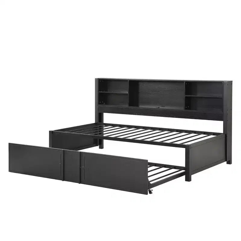 Lit de repos en métal une place avec tête de lit bibliothèque, lit de repos avec lit gigogne et ports USB, lit de repos capitaine une place avec étagères de rangement