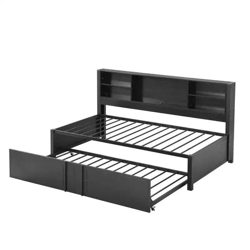 Lit de repos en métal une place avec tête de lit bibliothèque, lit de repos avec lit gigogne et ports USB, lit de repos capitaine une place avec étagères de rangement