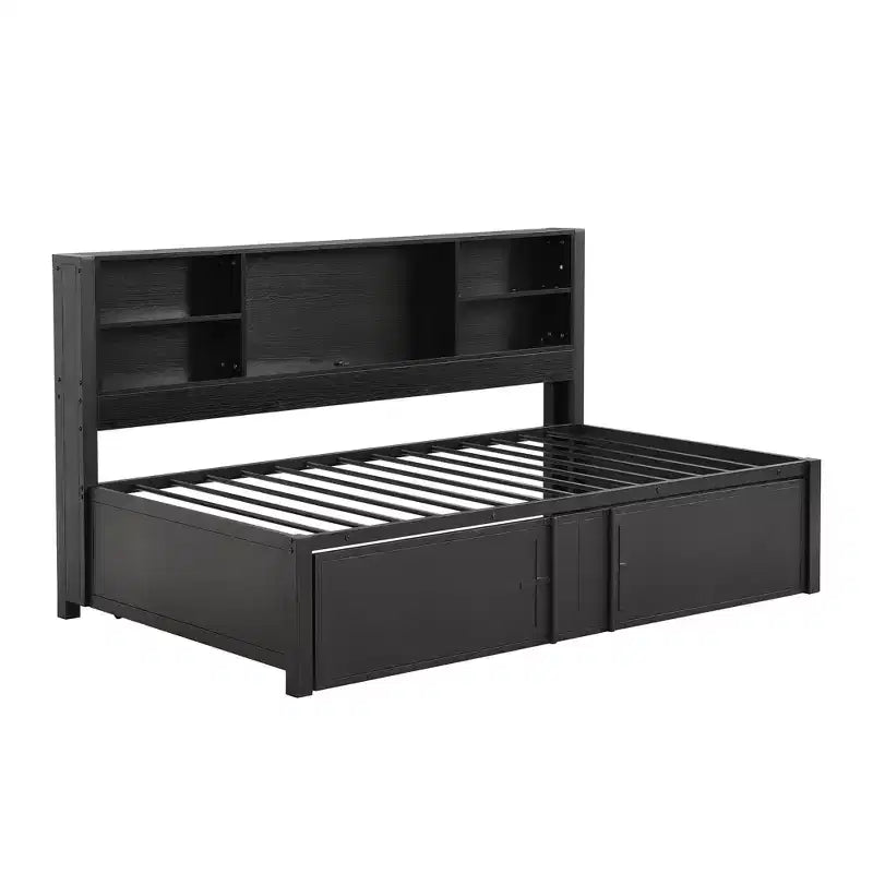 Lit de repos en métal une place avec tête de lit bibliothèque, lit de repos avec lit gigogne et ports USB, lit de repos capitaine une place avec étagères de rangement