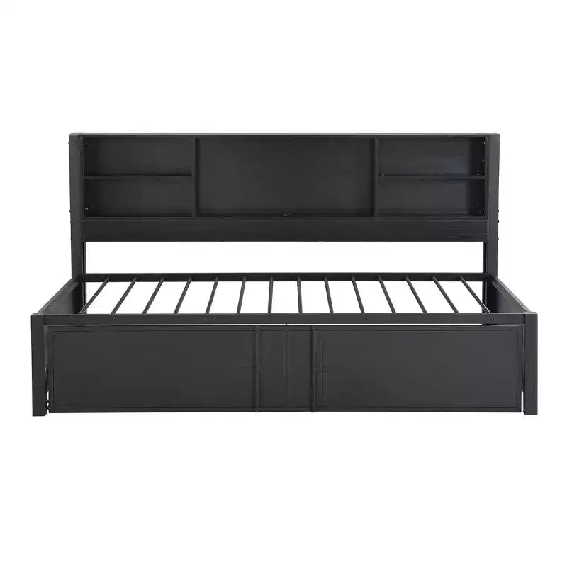 Lit de repos en métal une place avec tête de lit bibliothèque, lit de repos avec lit gigogne et ports USB, lit de repos capitaine une place avec étagères de rangement