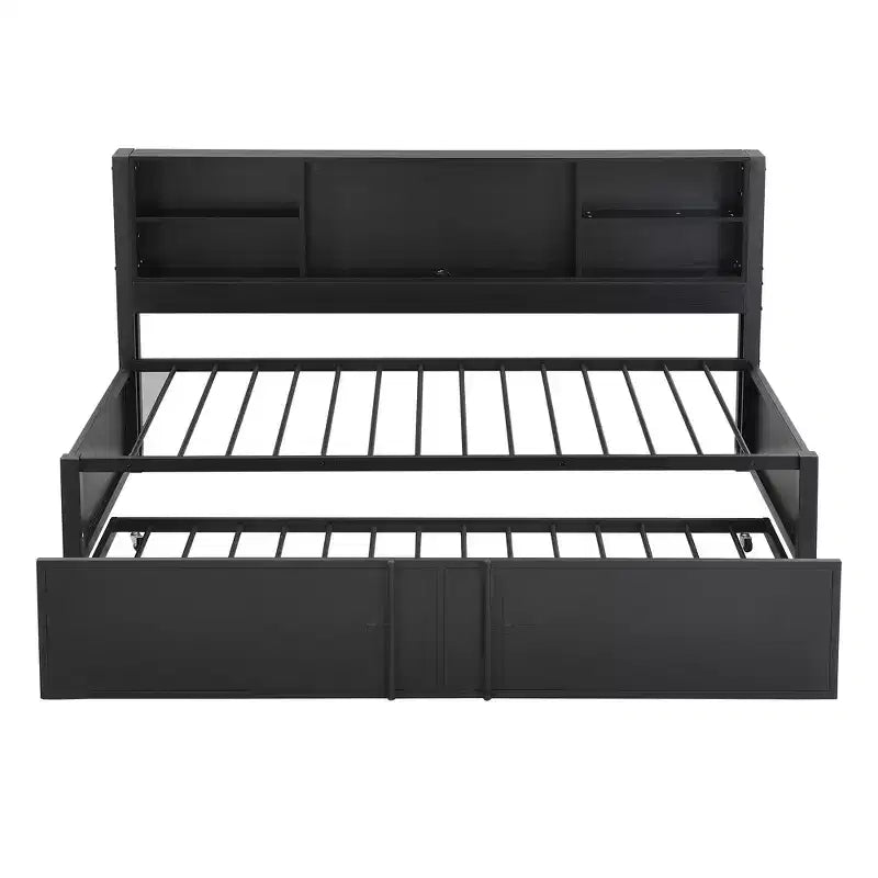 Lit de repos en métal une place avec tête de lit bibliothèque, lit de repos avec lit gigogne et ports USB, lit de repos capitaine une place avec étagères de rangement