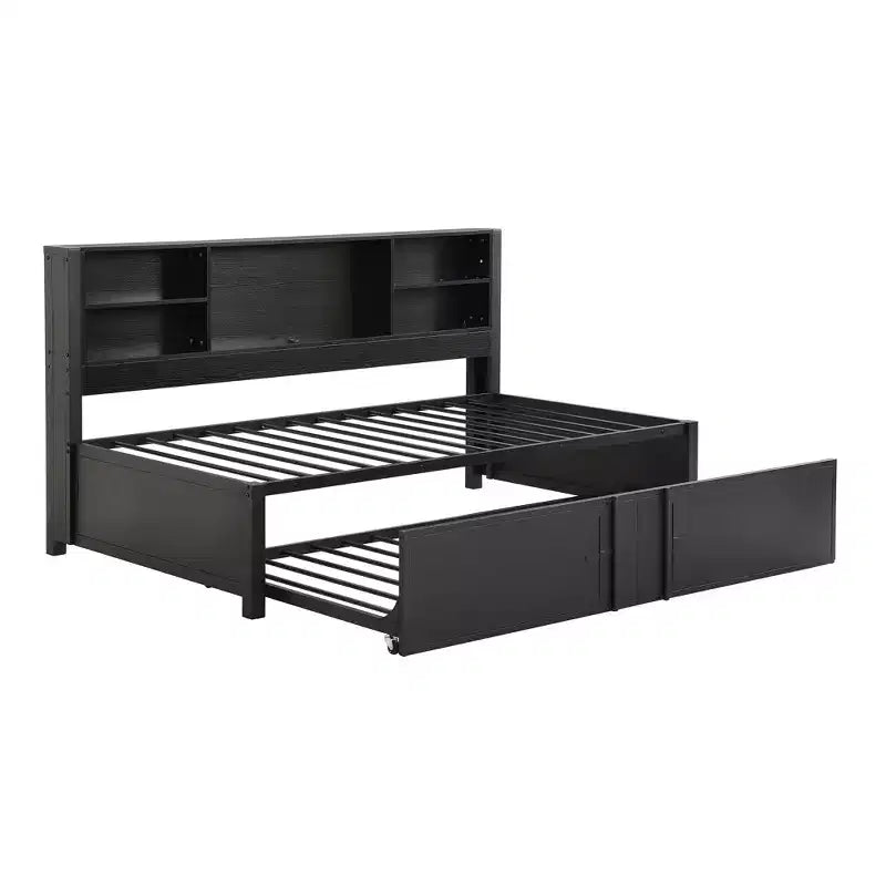 Lit de repos en métal une place avec tête de lit bibliothèque, lit de repos avec lit gigogne et ports USB, lit de repos capitaine une place avec étagères de rangement