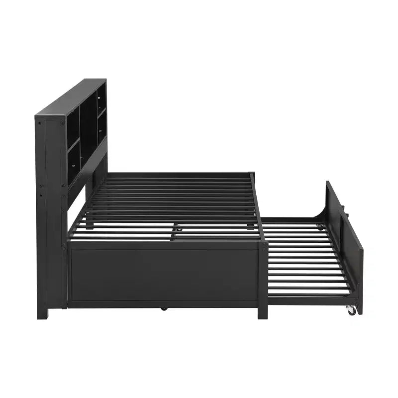 Lit de repos en métal une place avec tête de lit bibliothèque, lit de repos avec lit gigogne et ports USB, lit de repos capitaine une place avec étagères de rangement