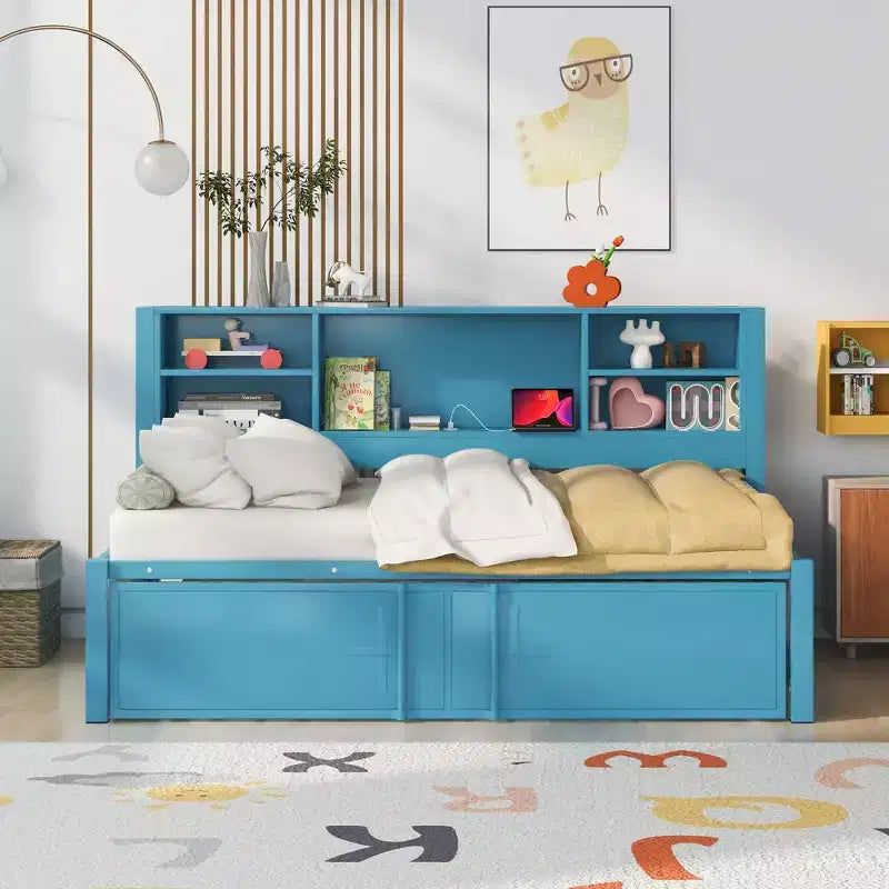 Lit de repos en métal une place avec tête de lit bibliothèque, lit de repos avec lit gigogne et ports USB, lit de repos capitaine une place avec étagères de rangement