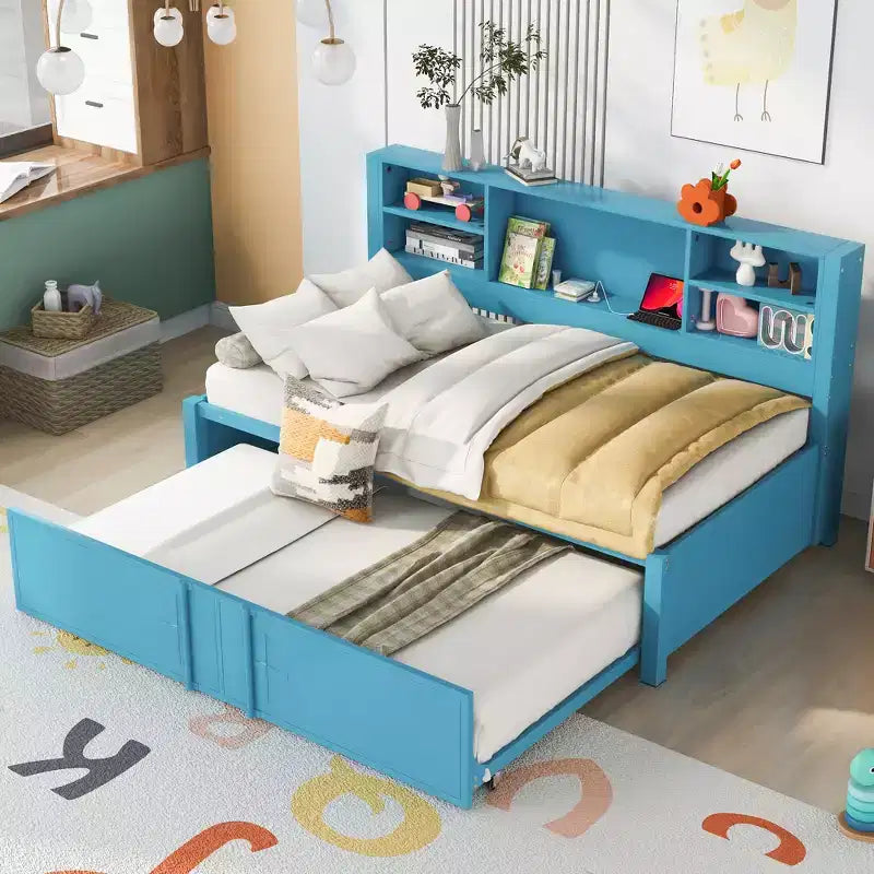 Lit de repos en métal une place avec tête de lit bibliothèque, lit de repos avec lit gigogne et ports USB, lit de repos capitaine une place avec étagères de rangement
