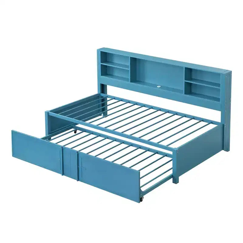 Lit de repos en métal une place avec tête de lit bibliothèque, lit de repos avec lit gigogne et ports USB, lit de repos capitaine une place avec étagères de rangement