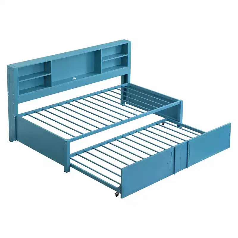 Lit de repos en métal une place avec tête de lit bibliothèque, lit de repos avec lit gigogne et ports USB, lit de repos capitaine une place avec étagères de rangement