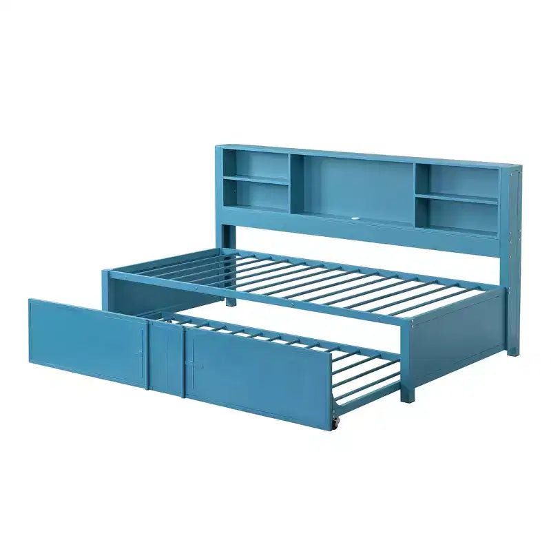 Lit de repos en métal une place avec tête de lit bibliothèque, lit de repos avec lit gigogne et ports USB, lit de repos capitaine une place avec étagères de rangement