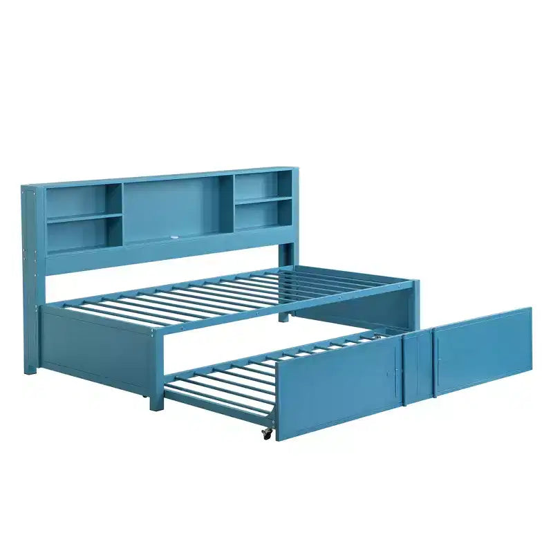 Lit de repos en métal une place avec tête de lit bibliothèque, lit de repos avec lit gigogne et ports USB, lit de repos capitaine une place avec étagères de rangement