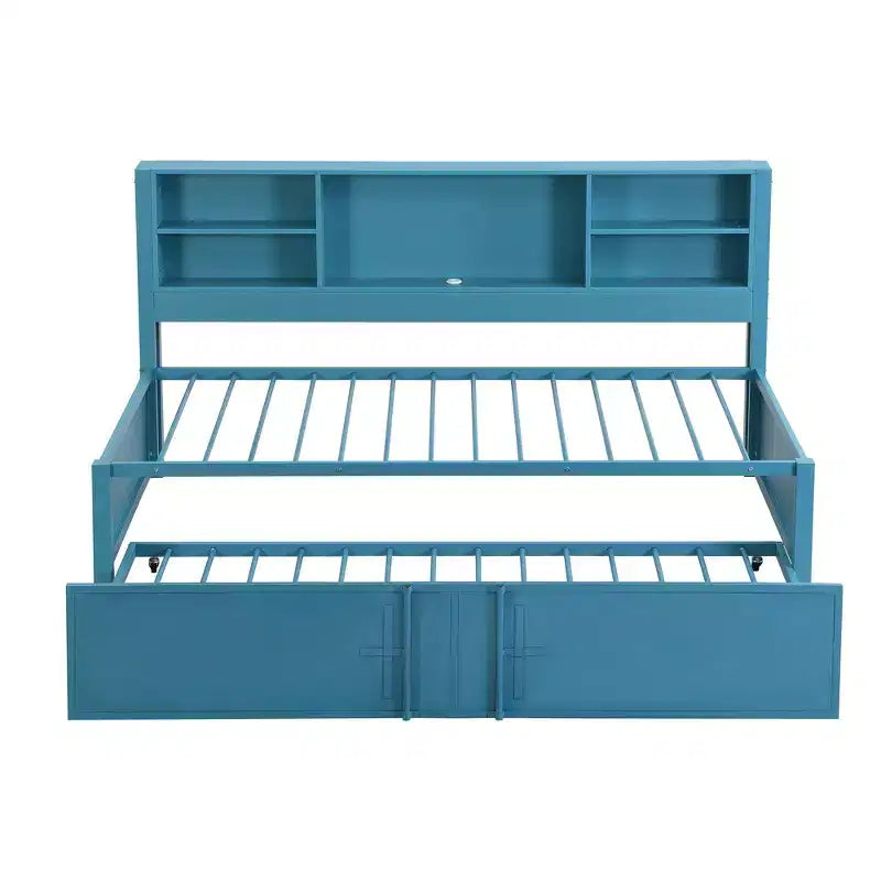 Lit de repos en métal une place avec tête de lit bibliothèque, lit de repos avec lit gigogne et ports USB, lit de repos capitaine une place avec étagères de rangement