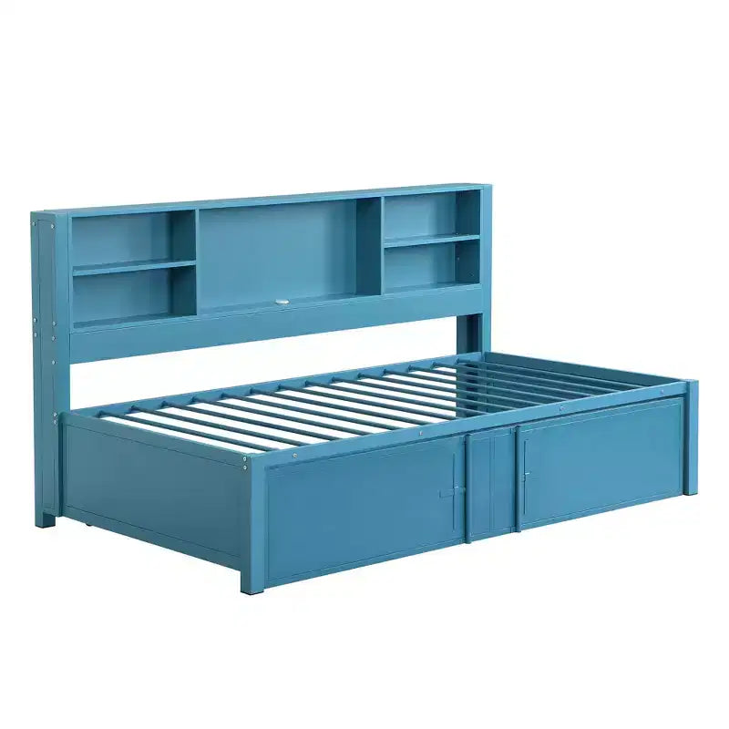 Lit de repos en métal une place avec tête de lit bibliothèque, lit de repos avec lit gigogne et ports USB, lit de repos capitaine une place avec étagères de rangement