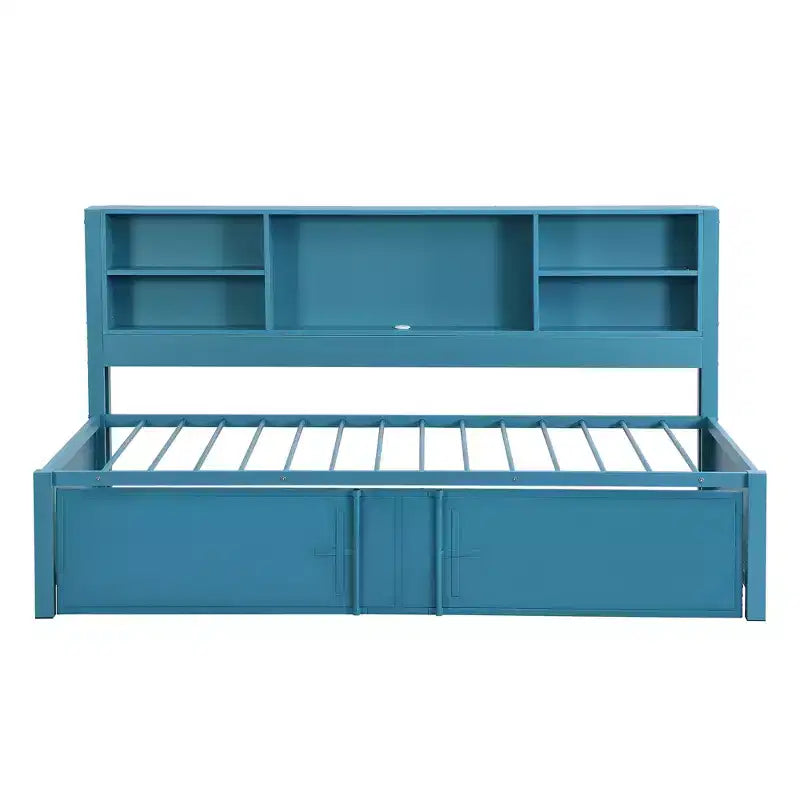 Lit de repos en métal une place avec tête de lit bibliothèque, lit de repos avec lit gigogne et ports USB, lit de repos capitaine une place avec étagères de rangement