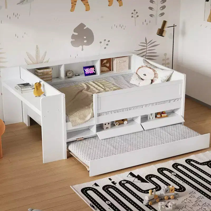 Lit de repos en métal une place avec tête de lit bibliothèque, lit de repos avec lit gigogne et ports USB, lit de repos capitaine une place avec étagères de rangement