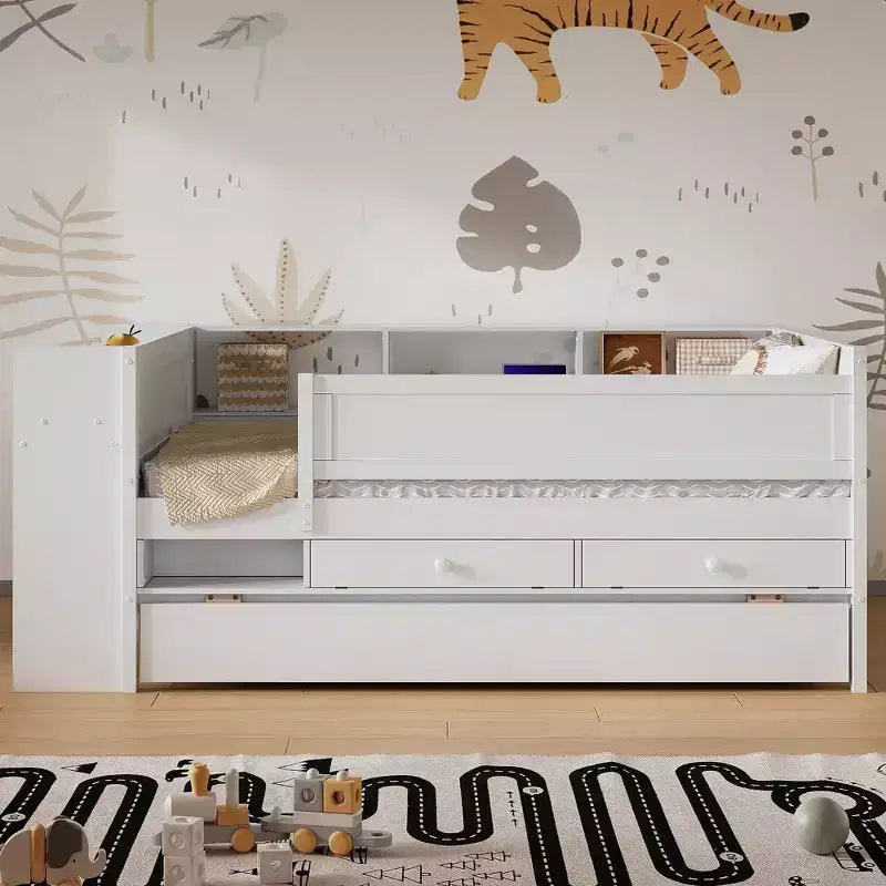 Lit de repos en métal une place avec tête de lit bibliothèque, lit de repos avec lit gigogne et ports USB, lit de repos capitaine une place avec étagères de rangement
