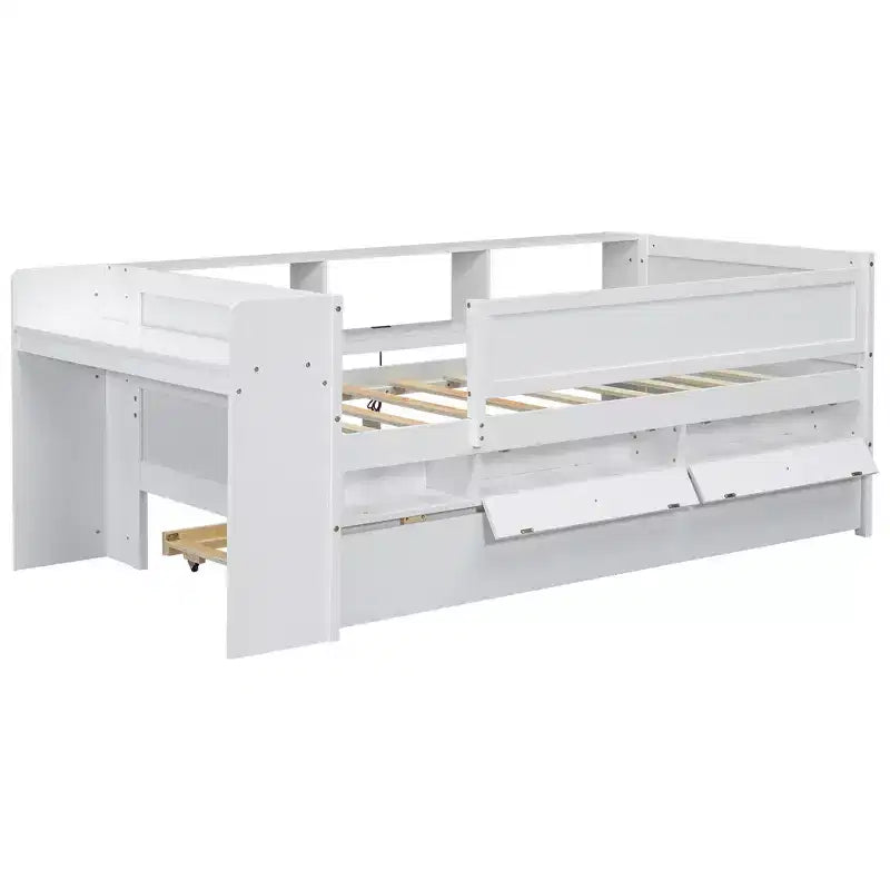 Lit de repos en métal une place avec tête de lit bibliothèque, lit de repos avec lit gigogne et ports USB, lit de repos capitaine une place avec étagères de rangement