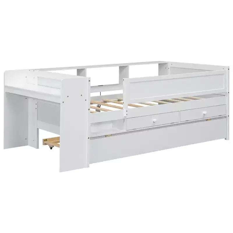 Lit de repos en métal une place avec tête de lit bibliothèque, lit de repos avec lit gigogne et ports USB, lit de repos capitaine une place avec étagères de rangement