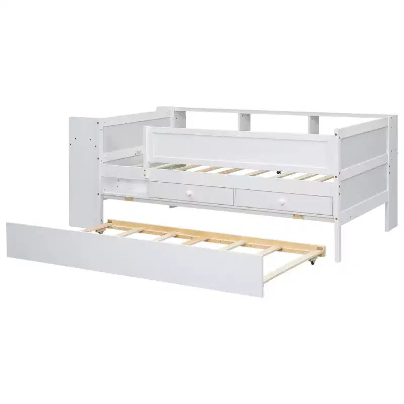Lit de repos en métal une place avec tête de lit bibliothèque, lit de repos avec lit gigogne et ports USB, lit de repos capitaine une place avec étagères de rangement