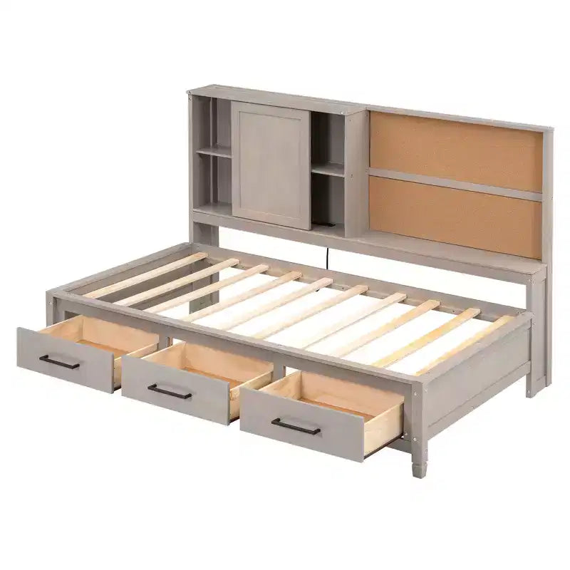 Lit de repos en métal une place avec tête de lit bibliothèque, lit de repos avec lit gigogne et ports USB, lit de repos capitaine une place avec étagères de rangement