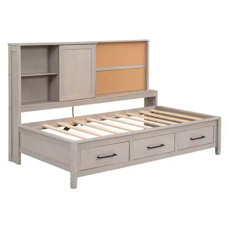 Lit de repos en métal une place avec tête de lit bibliothèque, lit de repos avec lit gigogne et ports USB, lit de repos capitaine une place avec étagères de rangement