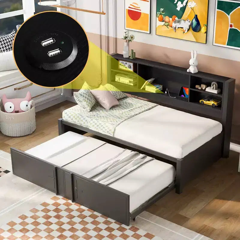 Lit de repos en métal une place avec tête de lit bibliothèque, lit de repos avec lit gigogne et ports USB, lit de repos capitaine une place avec étagères de rangement