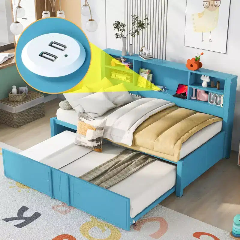 Lit de repos en métal une place avec tête de lit bibliothèque, lit de repos avec lit gigogne et ports USB, lit de repos capitaine une place avec étagères de rangement