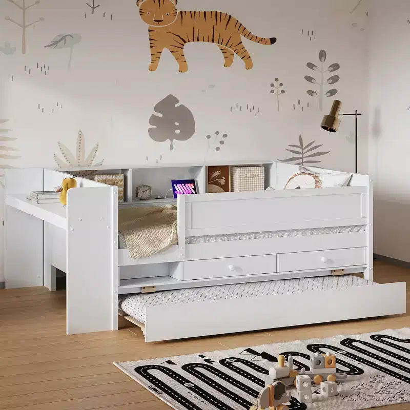 Lit de repos en métal une place avec tête de lit bibliothèque, lit de repos avec lit gigogne et ports USB, lit de repos capitaine une place avec étagères de rangement