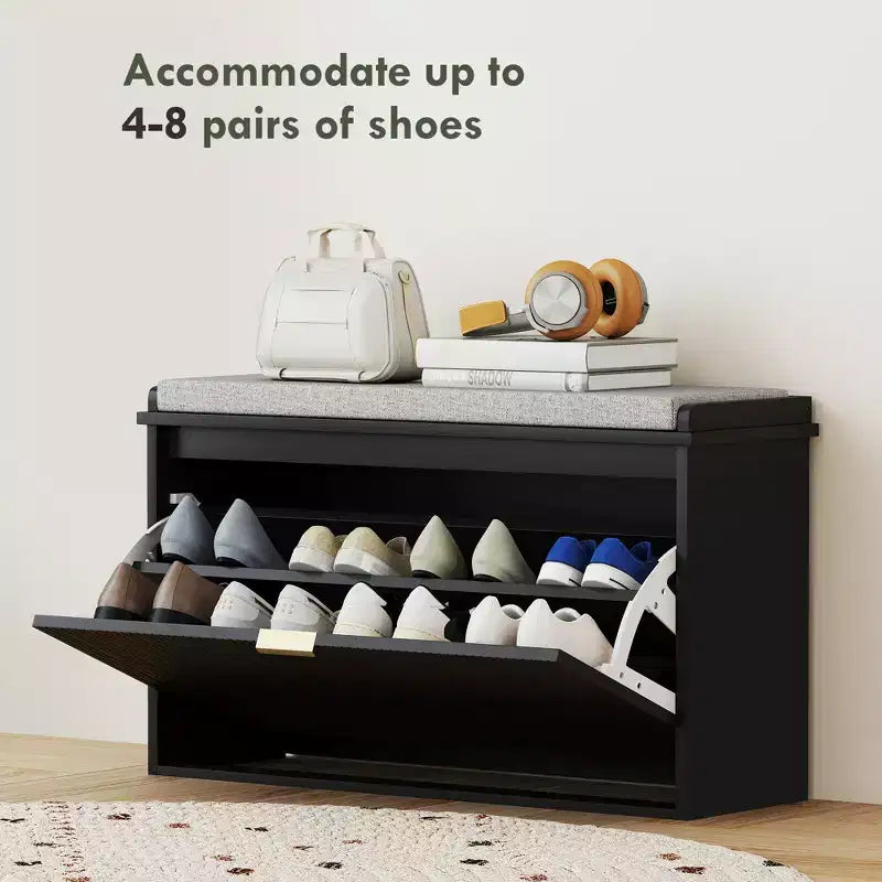 Banc de rangement pour chaussures avec coussin rembourré et tiroir basculant, banc d'entrée, meuble à chaussures, 80 x 26 x 47,5 cm