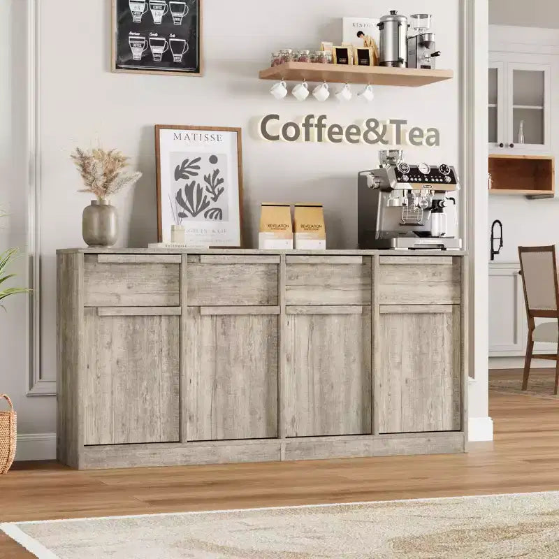 Grand meuble de café de 158,5 cm avec rangement, buffet de cuisine avec 4 tiroirs et 4 portes, table de buffet moderne pour la cuisine